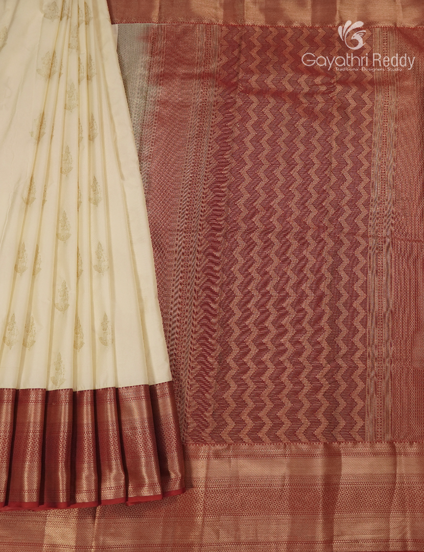 Semi Kanchipuram Silk Saree in Cream and Maroon