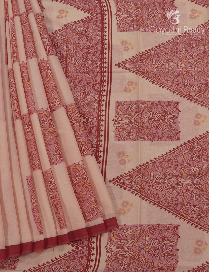 Pure MulMul Cotton Saree in Beige and Deep Rust