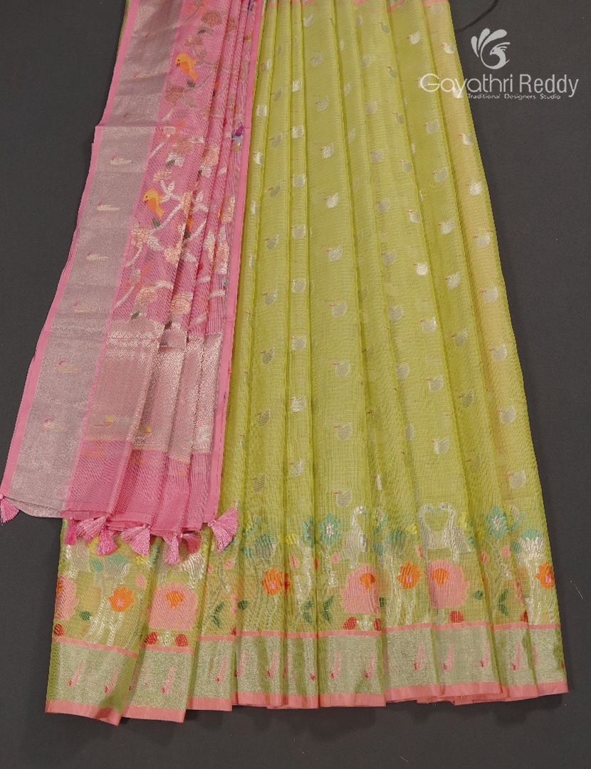 Banaras Kota Lehanga Set in Lime Green and Baby Pink
