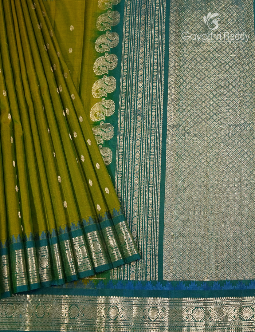 Pure Gadwal Silk Saree in Mehendi Green and Peacock Blue