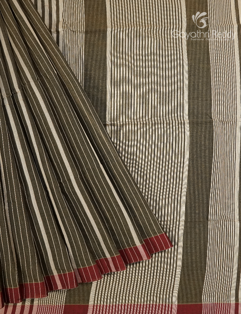 Pure Handloom Cotton Saree in Deep Olive Brown