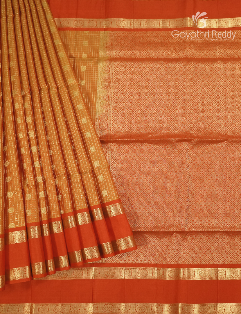 Pure Kanchipuram Vintage Silk Saree in Mustard and Orange