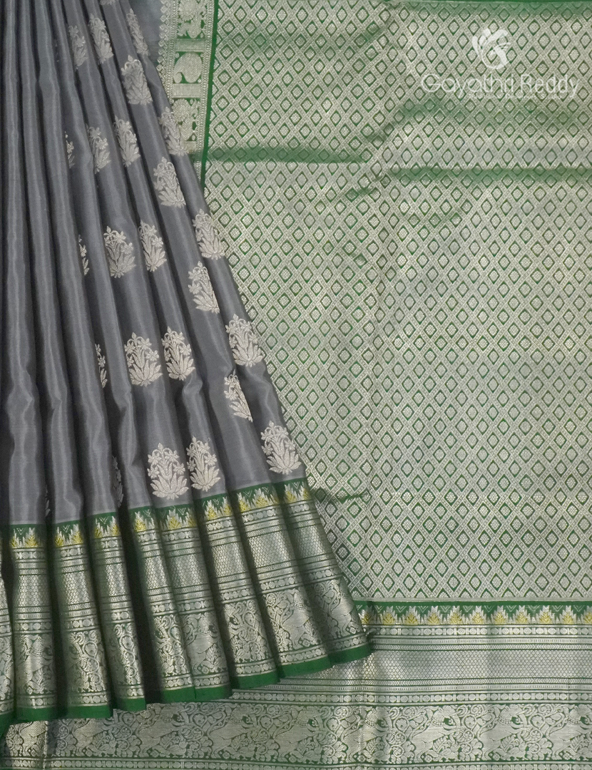 Pure Venkatagiri Silk Saree in Ash Grey and Green
