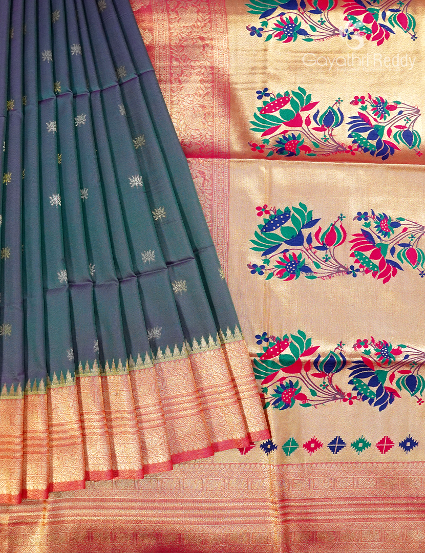 Semi Kanchipuram Art Silk Saree in Ash Grey and Pink