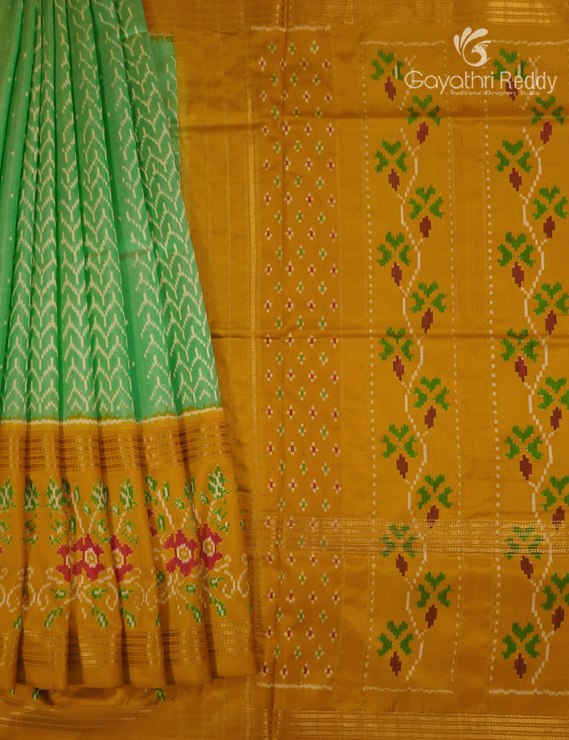 Pure Ikat Silk Saree in Sea Green and Mustard