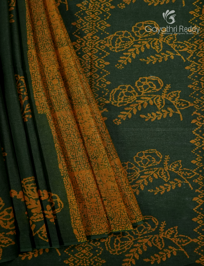 Cotton Batik Print Saree in Bottle Green and Mustard