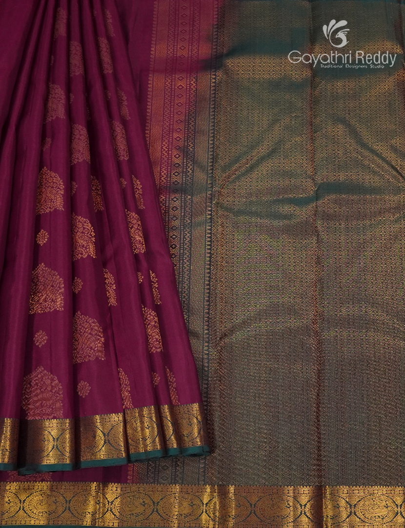 Pure Kanchipuram Silk Saree in Burgundy and Deep Peacock Green
