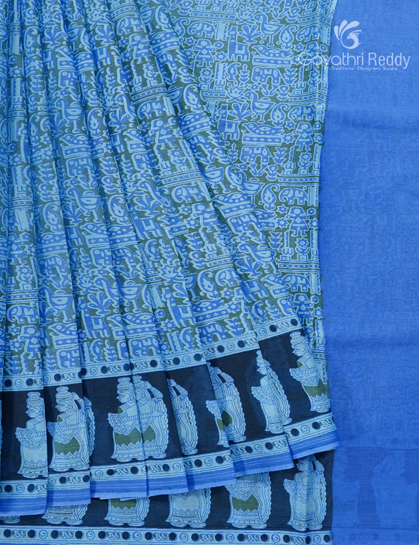Pure MulMul Cotton Saree in PowderBlue and Black