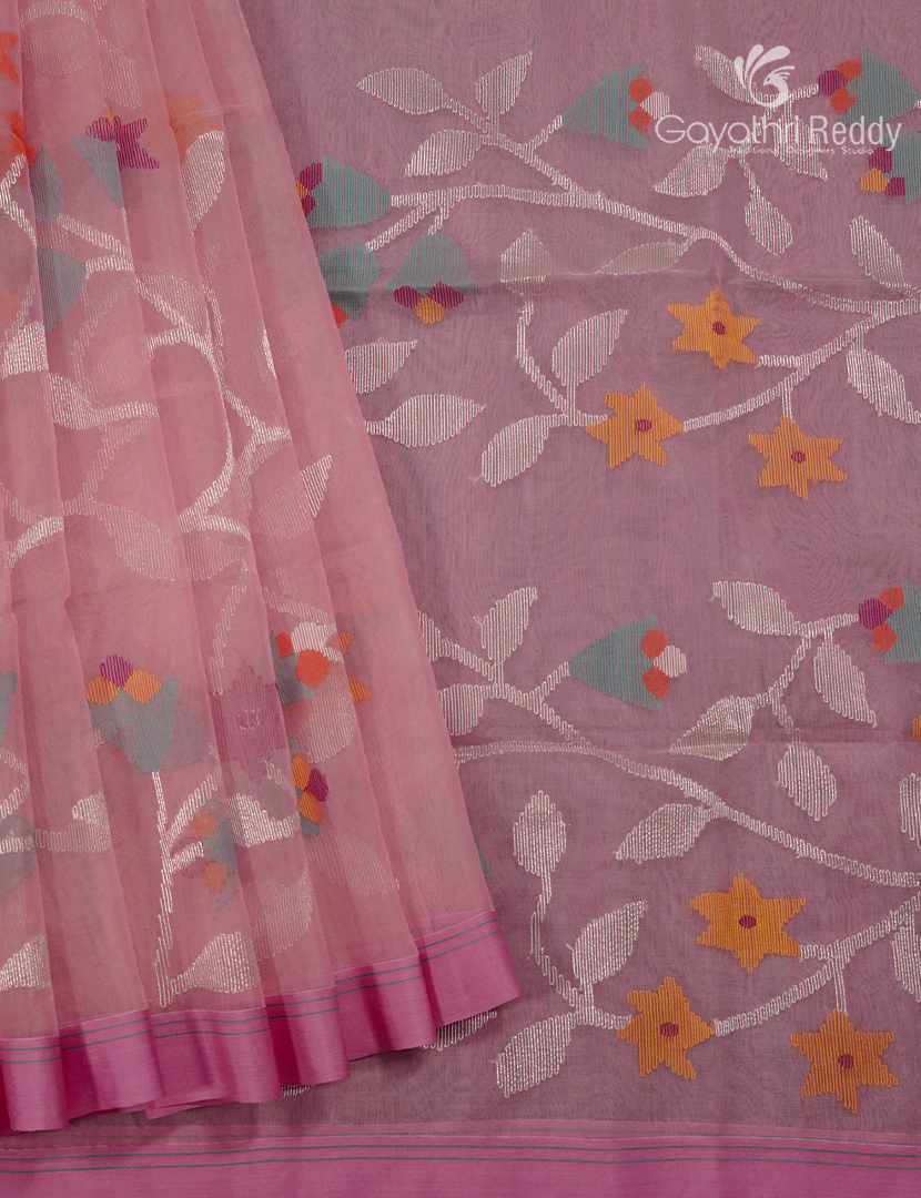 Pure Jamdani Kora Saree in Baby Pink