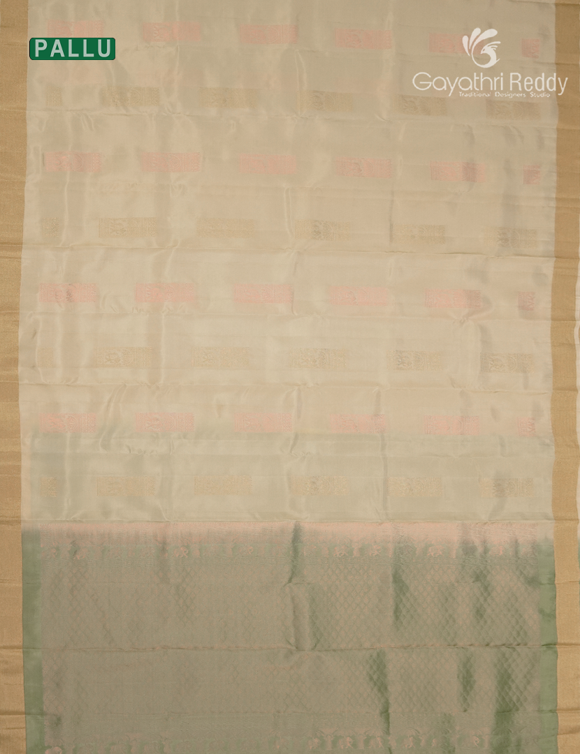Pure Kanchipuram Silk Saree in Cream and Pista Green ( Small Borders )