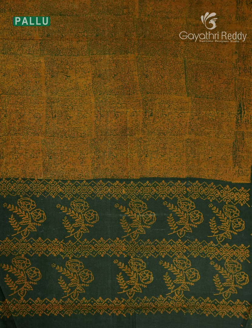 Cotton Batik Print Saree in Bottle Green and Mustard