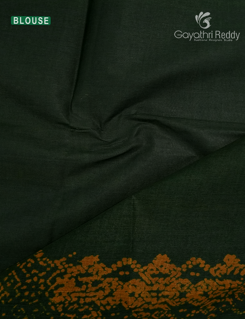 Cotton Batik Print Saree in Bottle Green and Mustard