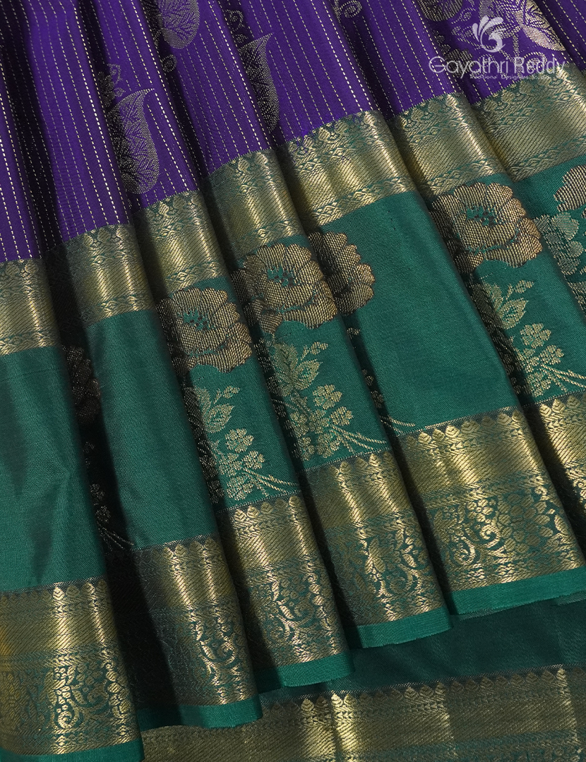 Semi Kanchipuram Silk Saree in Deep Purple and Bottle Green