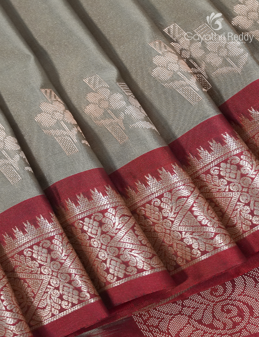 Soft Silk Saree in Grey and Deep Rust