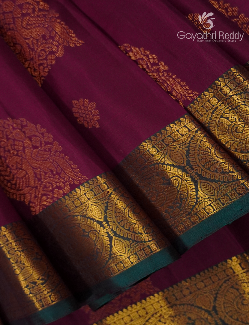 Pure Kanchipuram Silk Saree in Burgundy and Deep Peacock Green