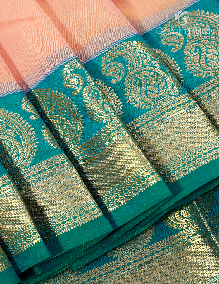 Pure Kanchi Sico Saree in Pastel Peach and Sea Blue