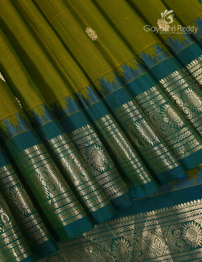 Pure Gadwal Silk Saree in Mehendi Green and Peacock Blue