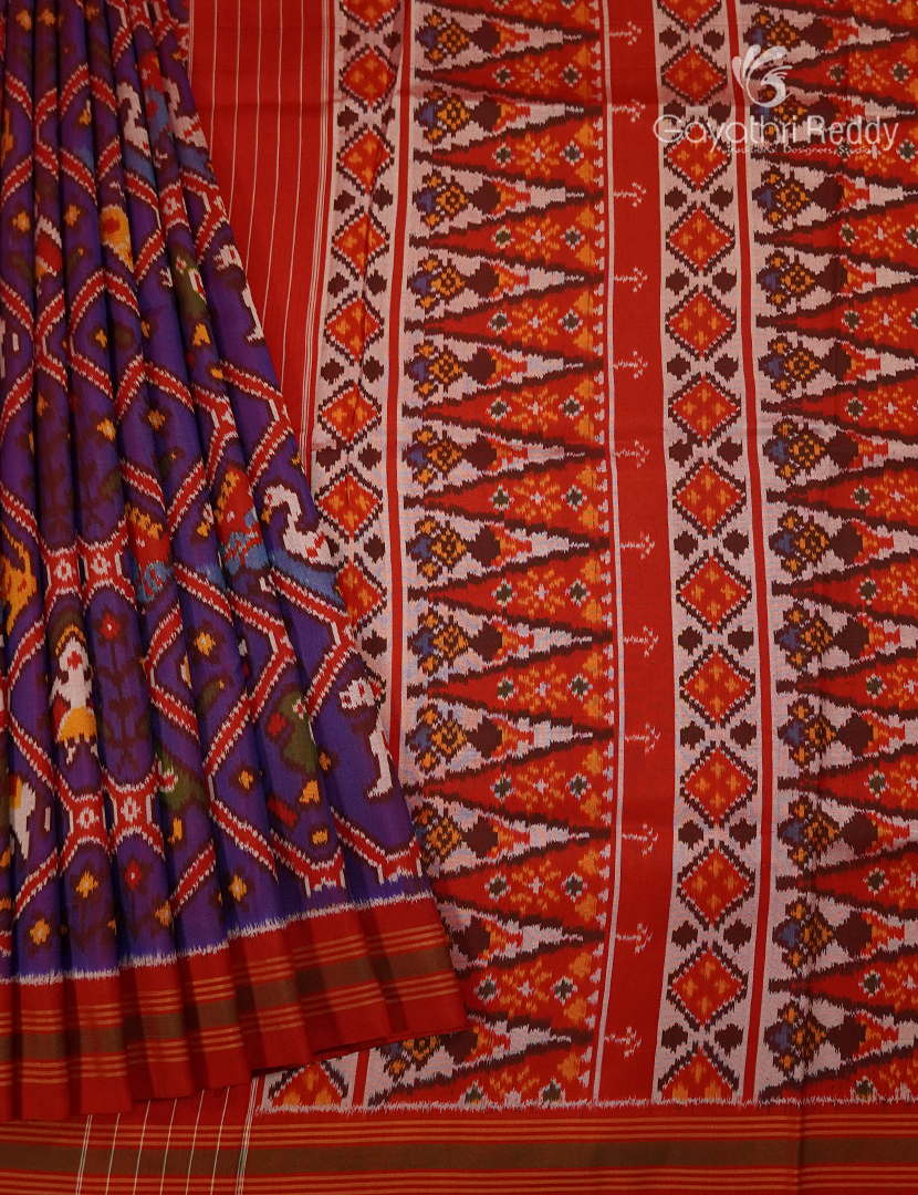Pure Ikat Silk Saree in Deep Violet and Red