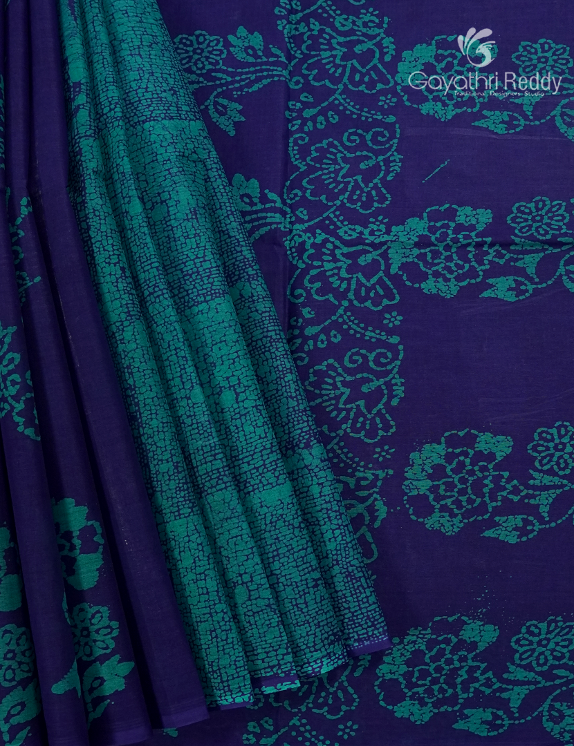 Cotton Batik Print Saree in Deep Blue and Sea Green
