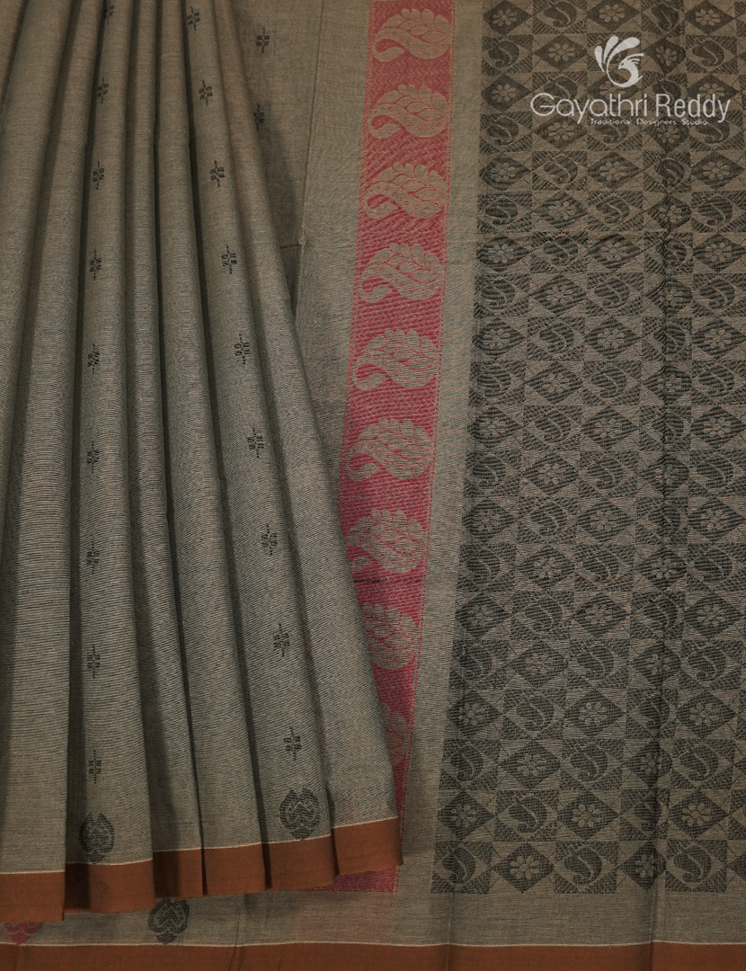 Pure Kanchi Cotton Saree in Deep Olive Grey