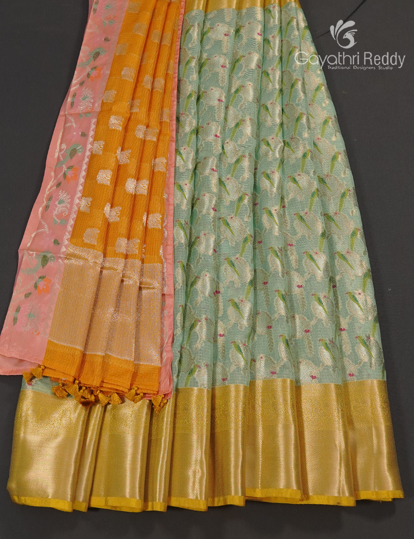 Banaras Kota Lehanga Set in Pista Green and Tangarine