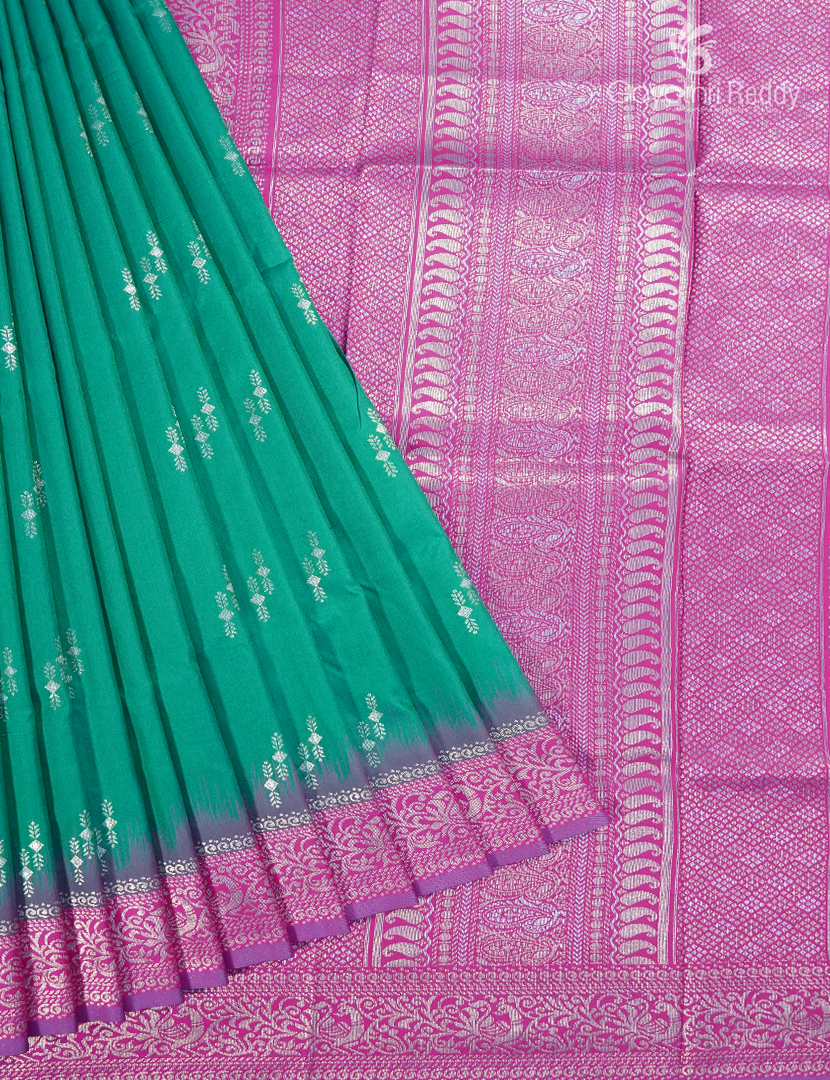 Semi Kanchipuran Silk Saree in Sea Green and Rani Pink