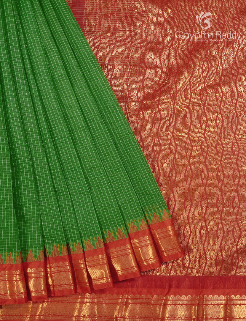 Pure Gadwal Cotton Saree in Mango Green and Red