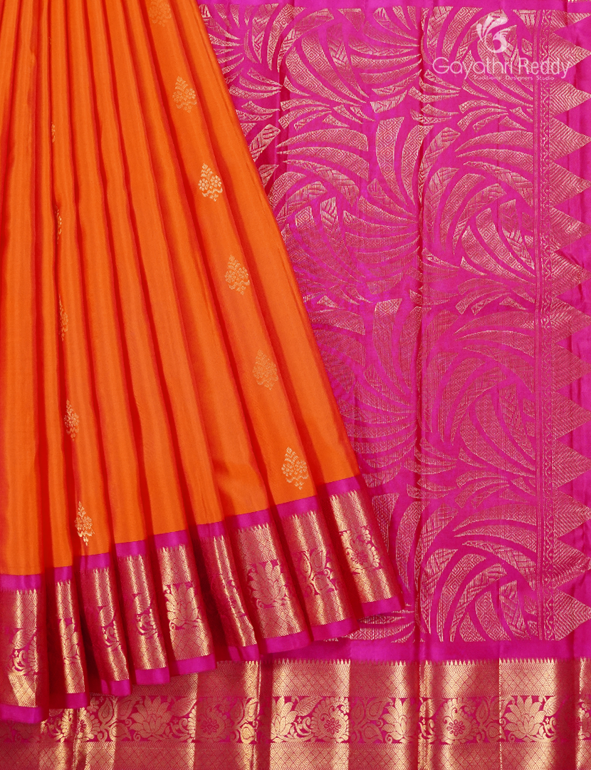 Pure Kanchipuram Silk Saree in Tangarine and Rani Pink