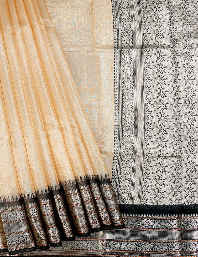 Semi Tissue Gadwal Saree in Ivory and Black