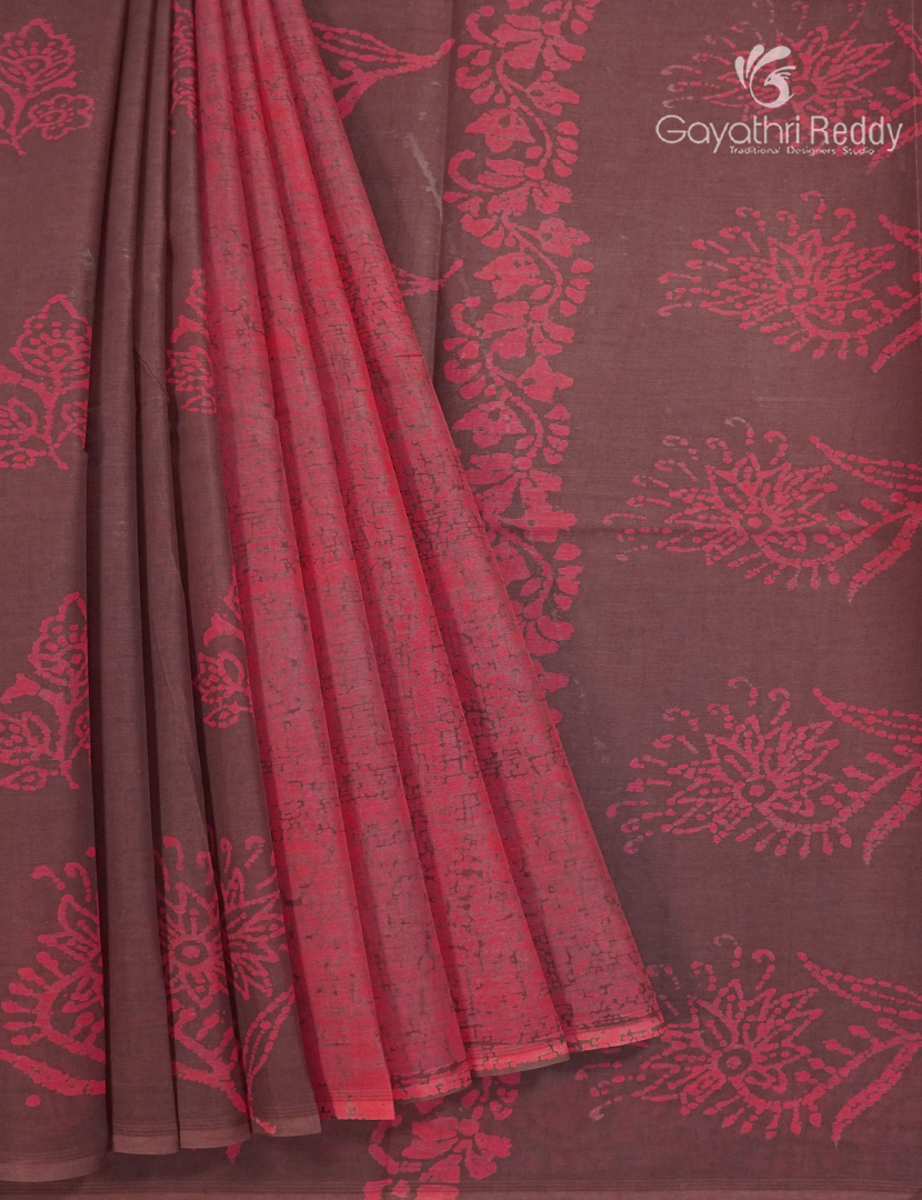 Cotton Batik Print Saree in Peach and Brown