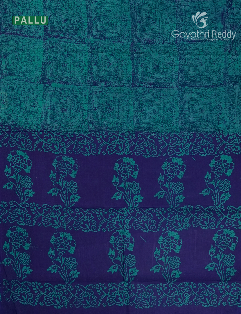 Cotton Batik Print Saree in Deep Blue and Sea Green