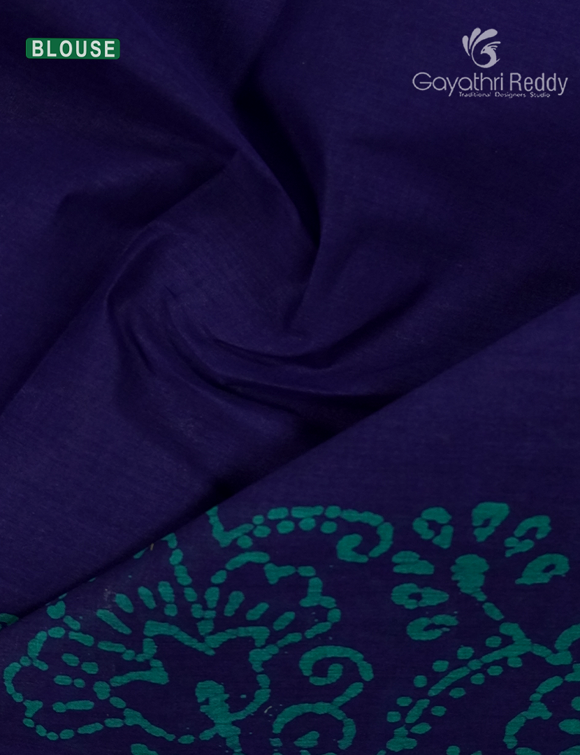 Cotton Batik Print Saree in Deep Blue and Sea Green