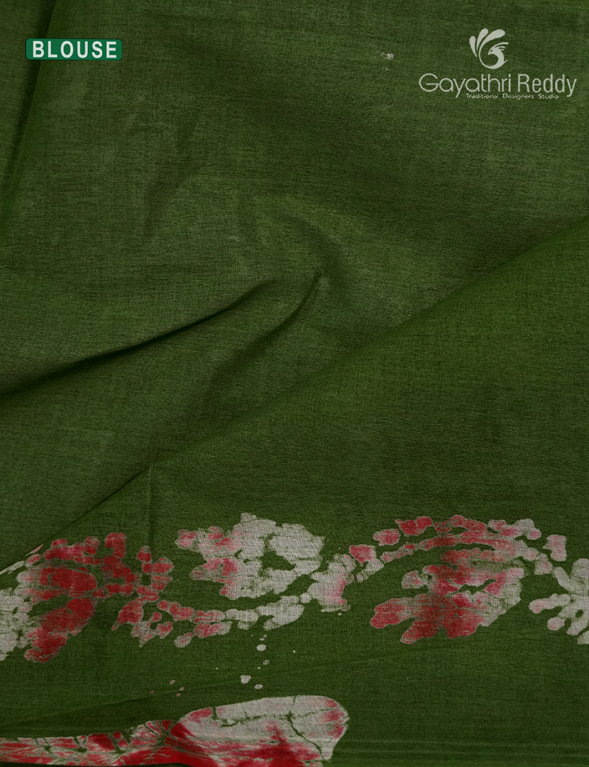 Cotton Batik Print Saree in Leaf Green