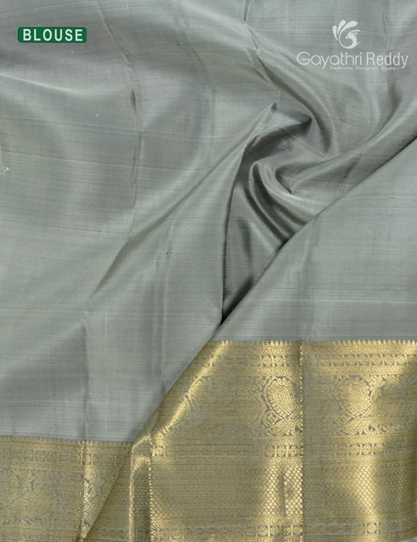 Pure Kanchipuram Silk Saree in Deep Brown and Pastel Concrete Grey (Broad Borders )-KP8778