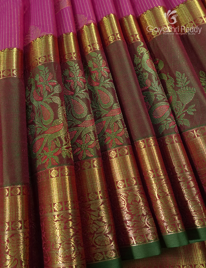 Semi Kanchipuram Silk Saree in Lotus Pink and Parrot Green