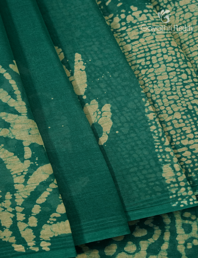 Cotton Batik Print Saree in Rama Green