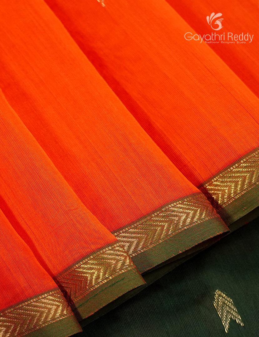 Pure Chanderi Sico Saree in Orange and Deep Olive Green