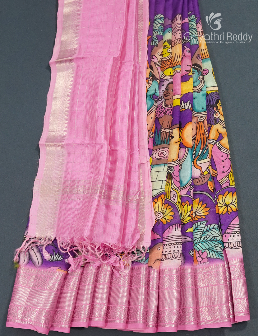 Pure Mangalagiri Langa Voni Set in Purple and Baby Pink