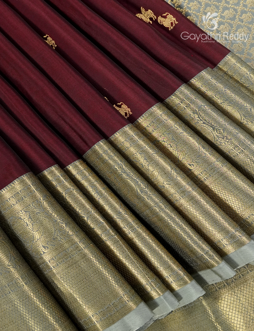 Pure Kanchipuram Silk Saree in Deep Brown and Pastel Concrete Grey (Broad Borders )-KP8778