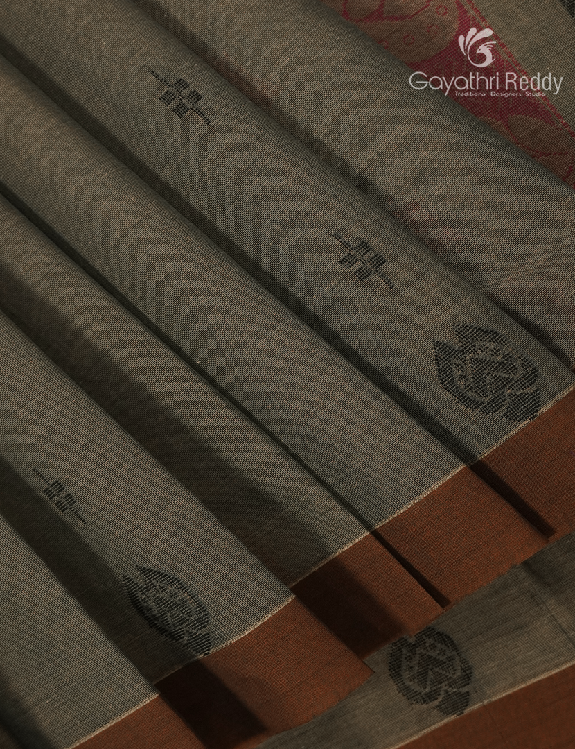 Pure Kanchi Cotton Saree in Deep Olive Grey