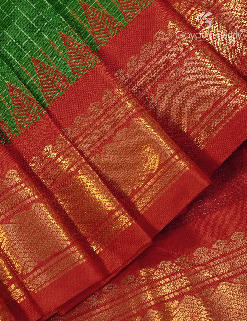 Pure Gadwal Cotton Saree in Mango Green and Red