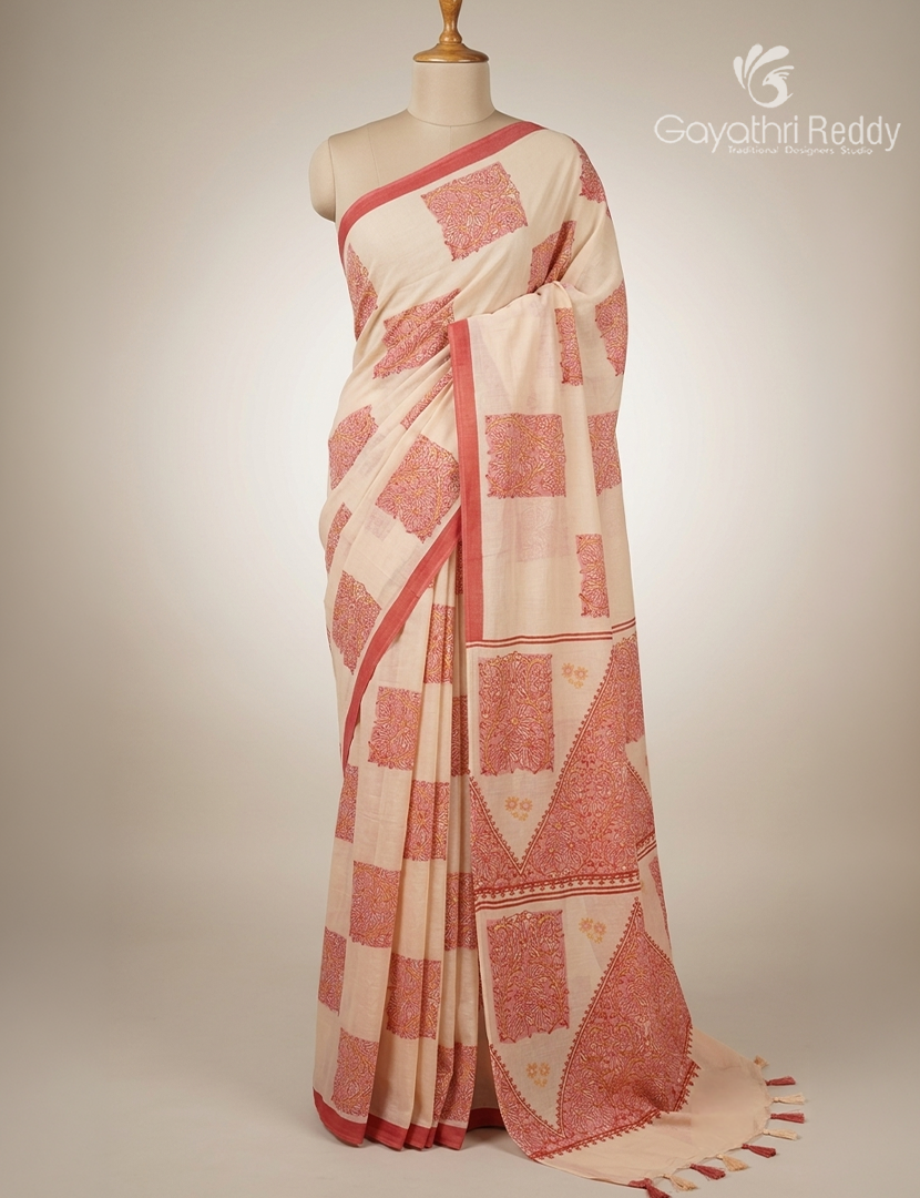 Pure MulMul Cotton Saree in Beige and Deep Rust