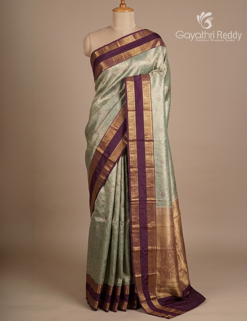 Semi Kanchipuram Silk Saree in Sea Grey and Wine