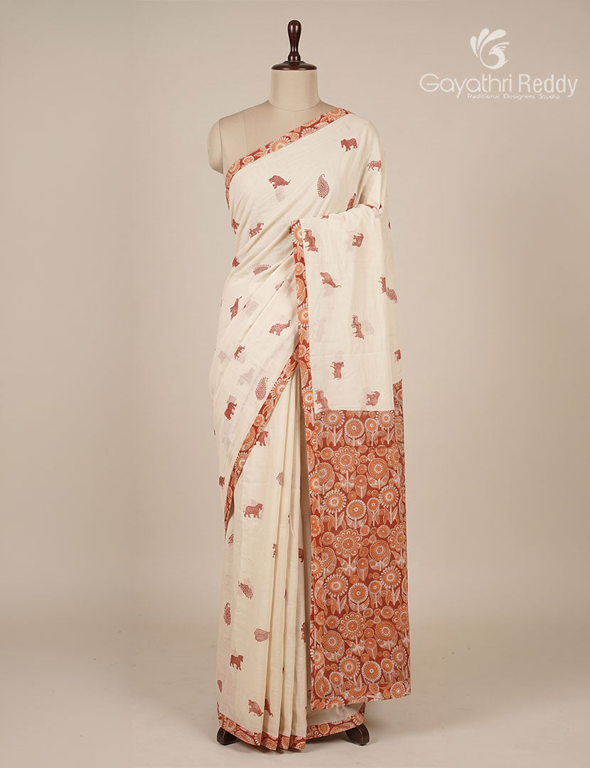 Pure MulMul Cotton Saree in Cream and Maroon Red