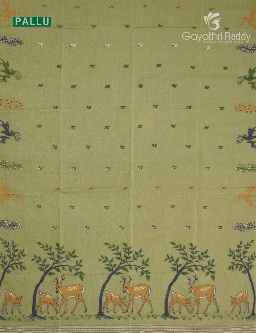Jamdani Cotton Saree in Light Olive Green