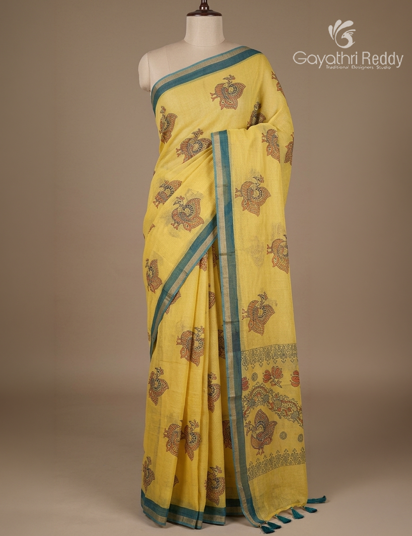Premium Quality Cotton Kota Saree in Yellow and Deep Rama Green