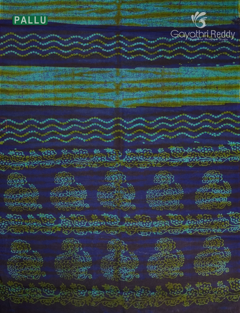 Cotton Batik Print Saree in Navy blue and Sea geen