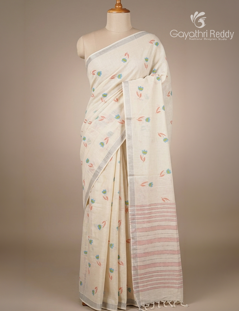 Pure Kanchi Cotton Printed Saree in Cream and Pastel Peach