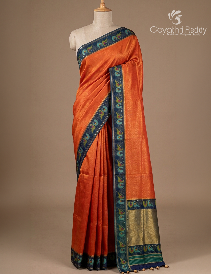Semi Mysore Silk Saree in Orange and Deep Peacock Green