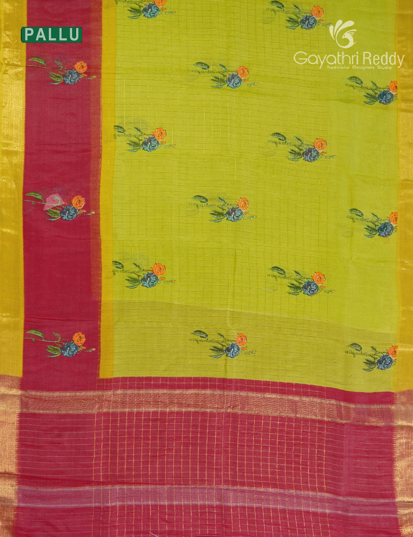 Mangalgiri Printed Saree in Parrot Green and Rani Pink